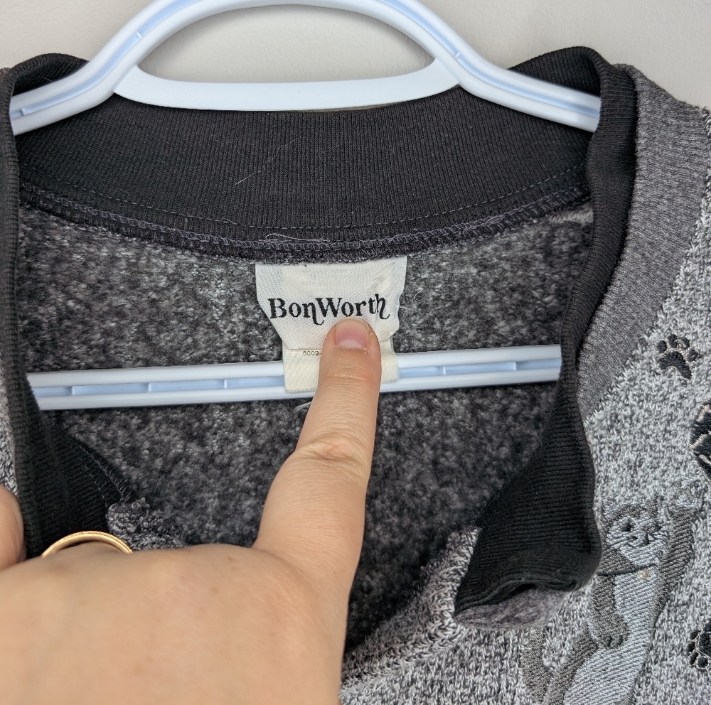Vintage Bon Worth Woman Large Grandma Cat Embroidered Button Down Cardigan Grey - Picture 3 of 12